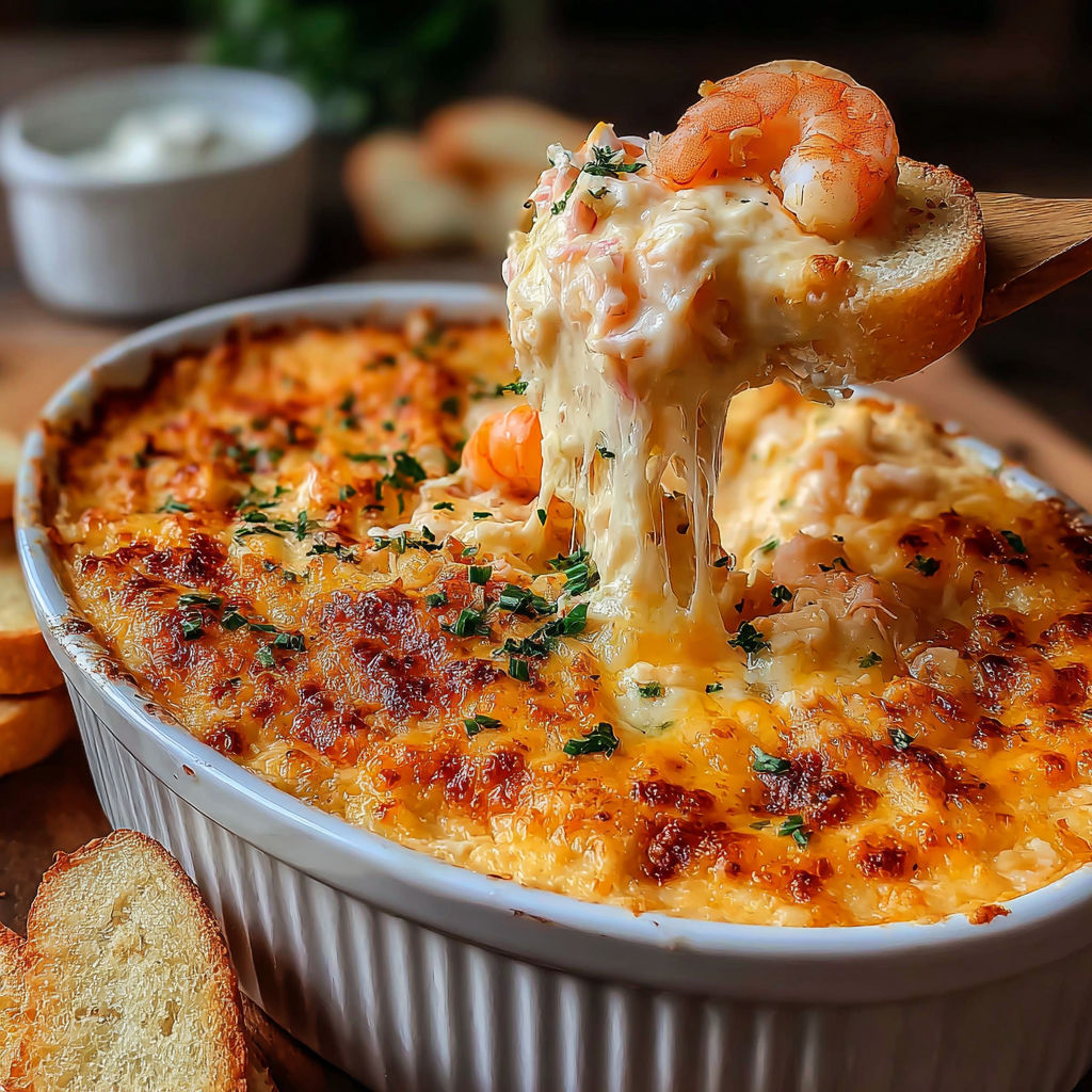 A bowl of cheesy shrimp and crab bake dip.