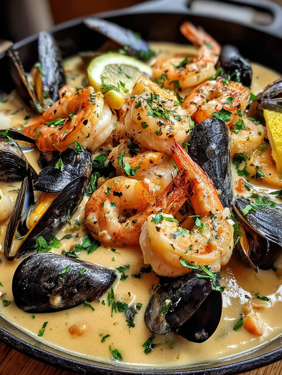A bowl of shrimp and mussels in a creamy garlic sauce.