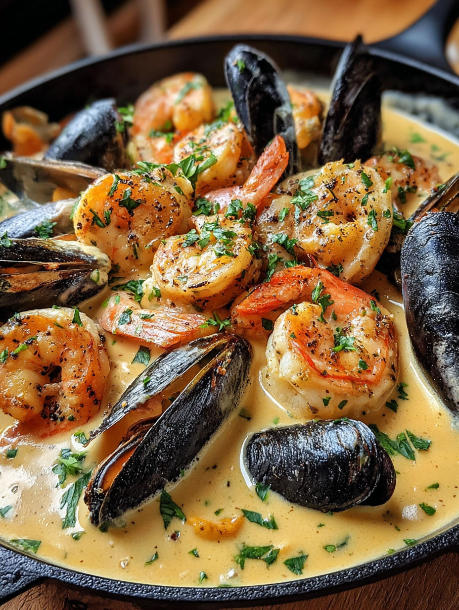 Shrimp and mussels in creamy garlic sauce.