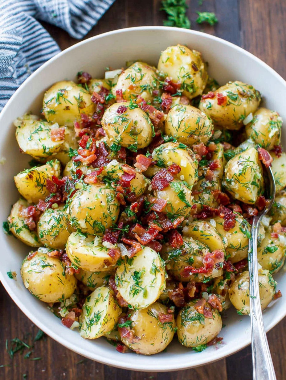 A bowl of potatoes with bacon and herbs.