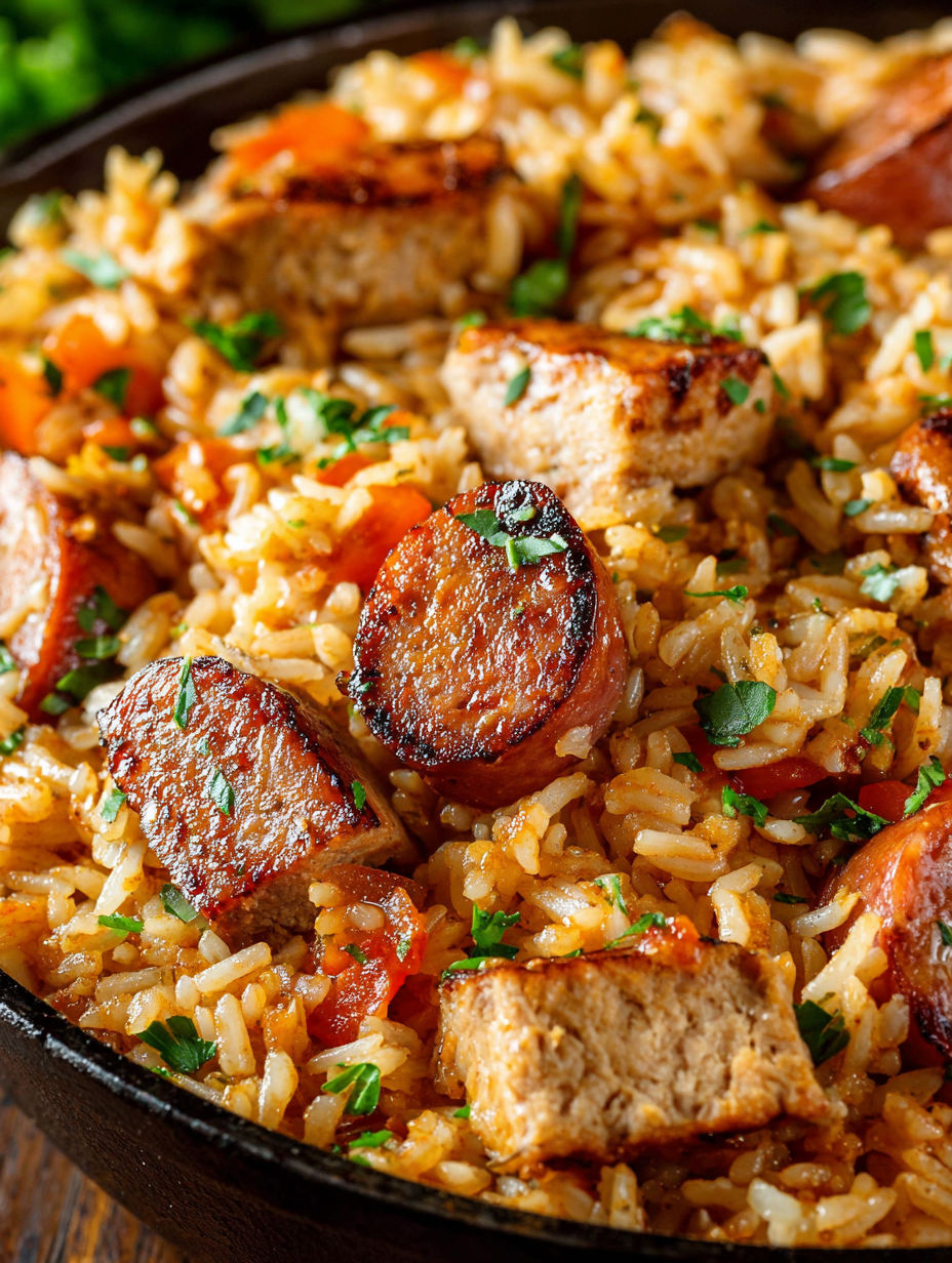 A dish of rice and meat with a green garnish.