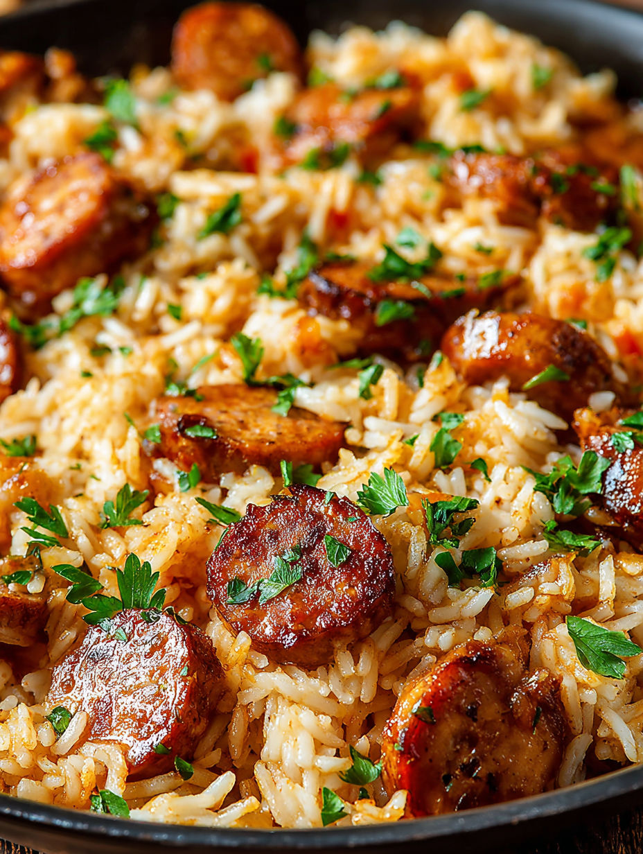 A plate of rice with sausage and green onions.