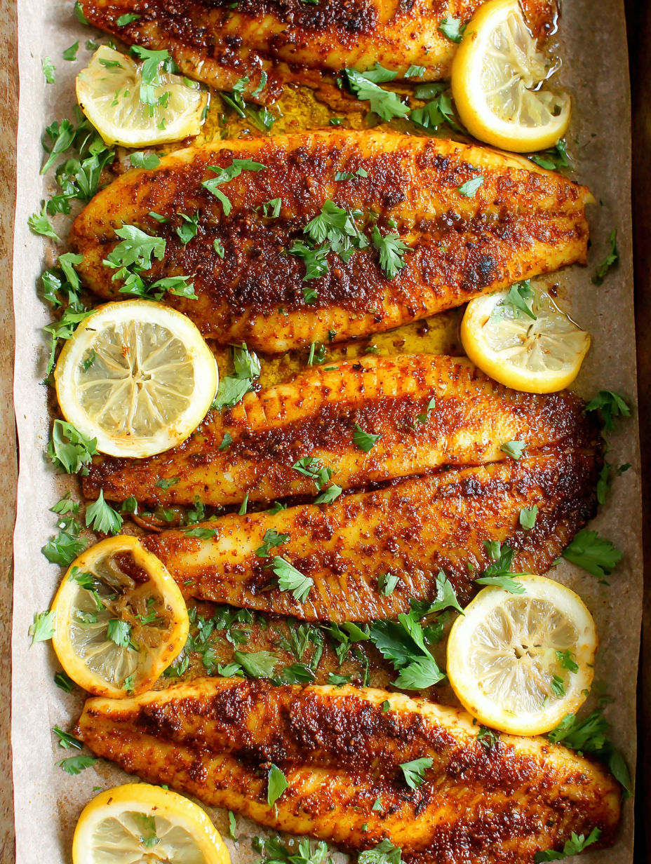 A fish dish with lemon slices on top.