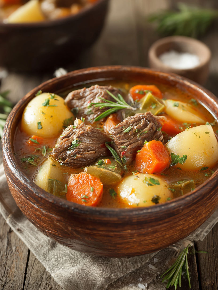A bowl of pot-au-feu with meat and vegetables.