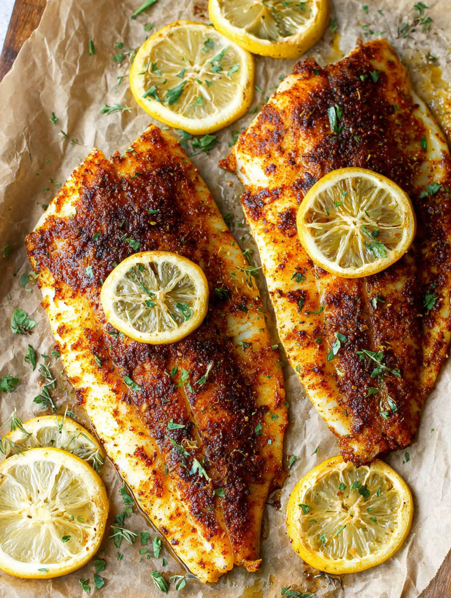 A piece of fish with lemon slices on top.