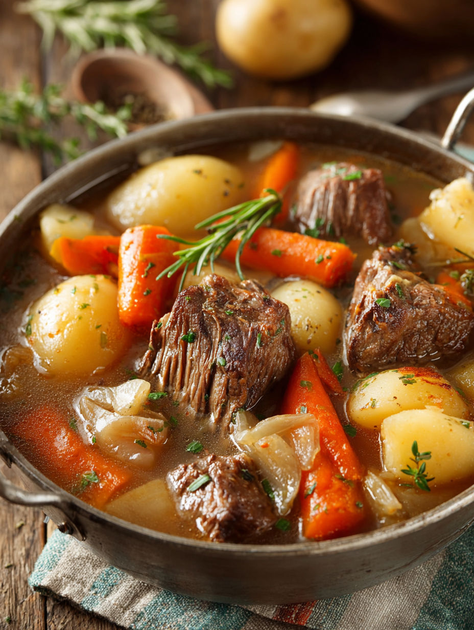 A pot of beef and vegetables.