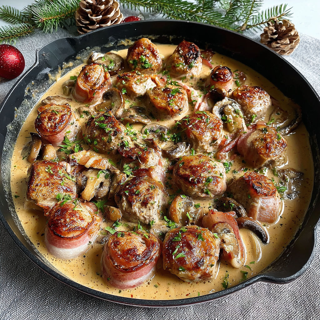 A dish of meat and mushrooms with a green garnish.