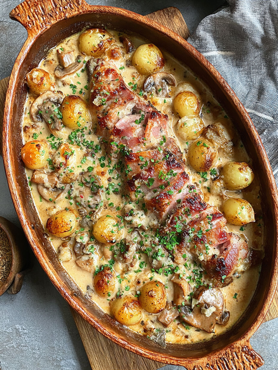 A bowl of food with meat and potatoes.