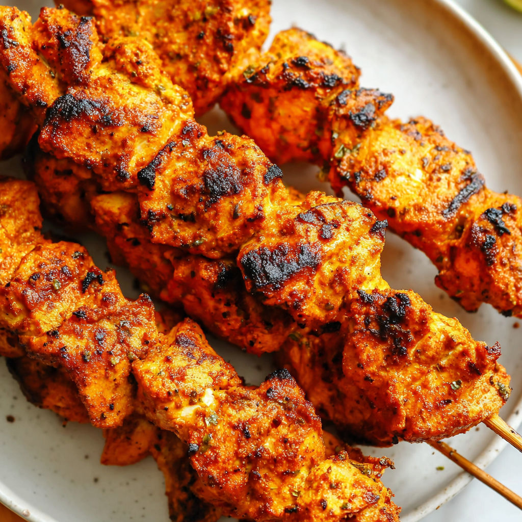 A plate of tandoori chicken skewers.