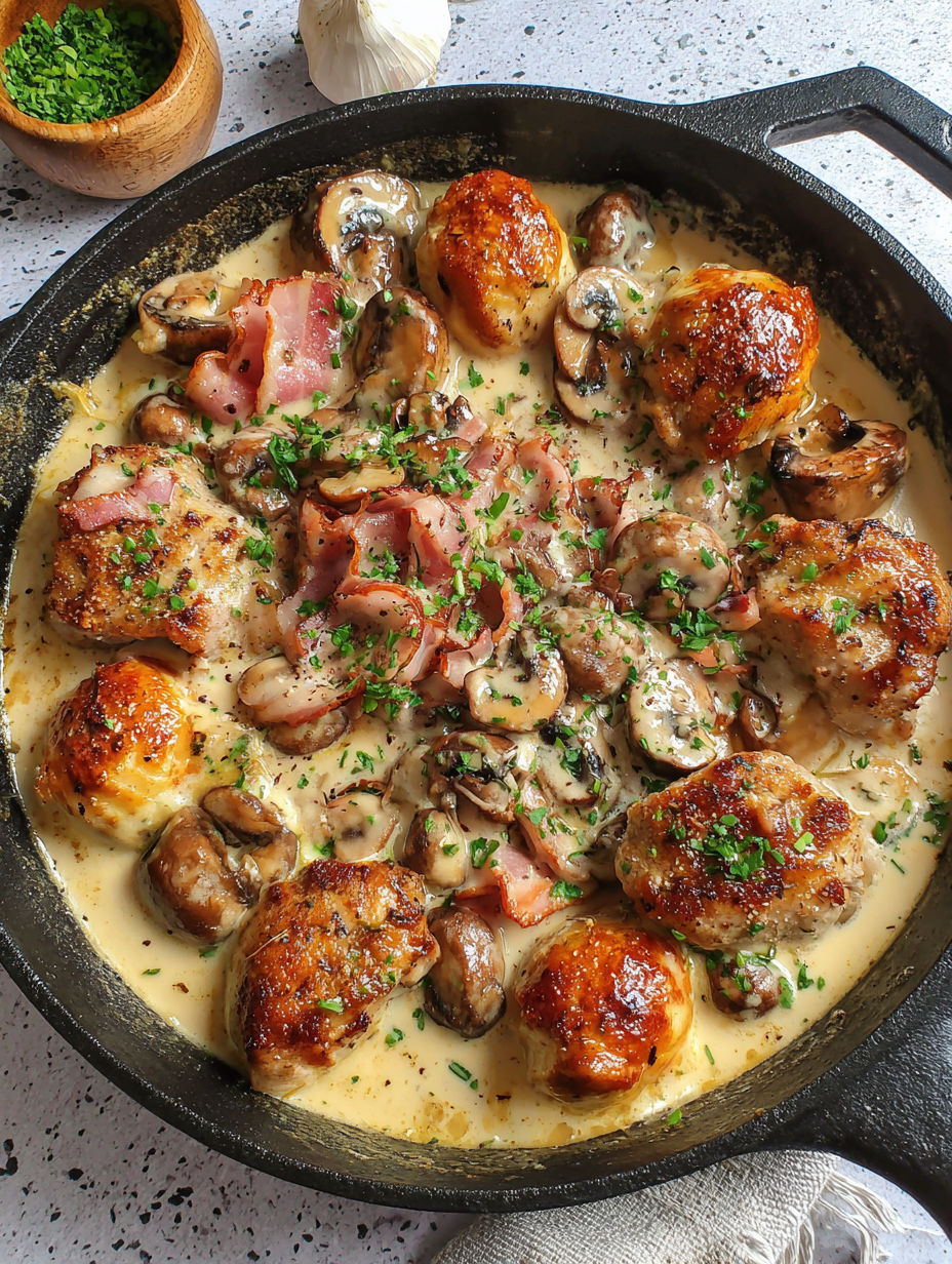 A delicious meal of chicken and mushrooms in a pan.