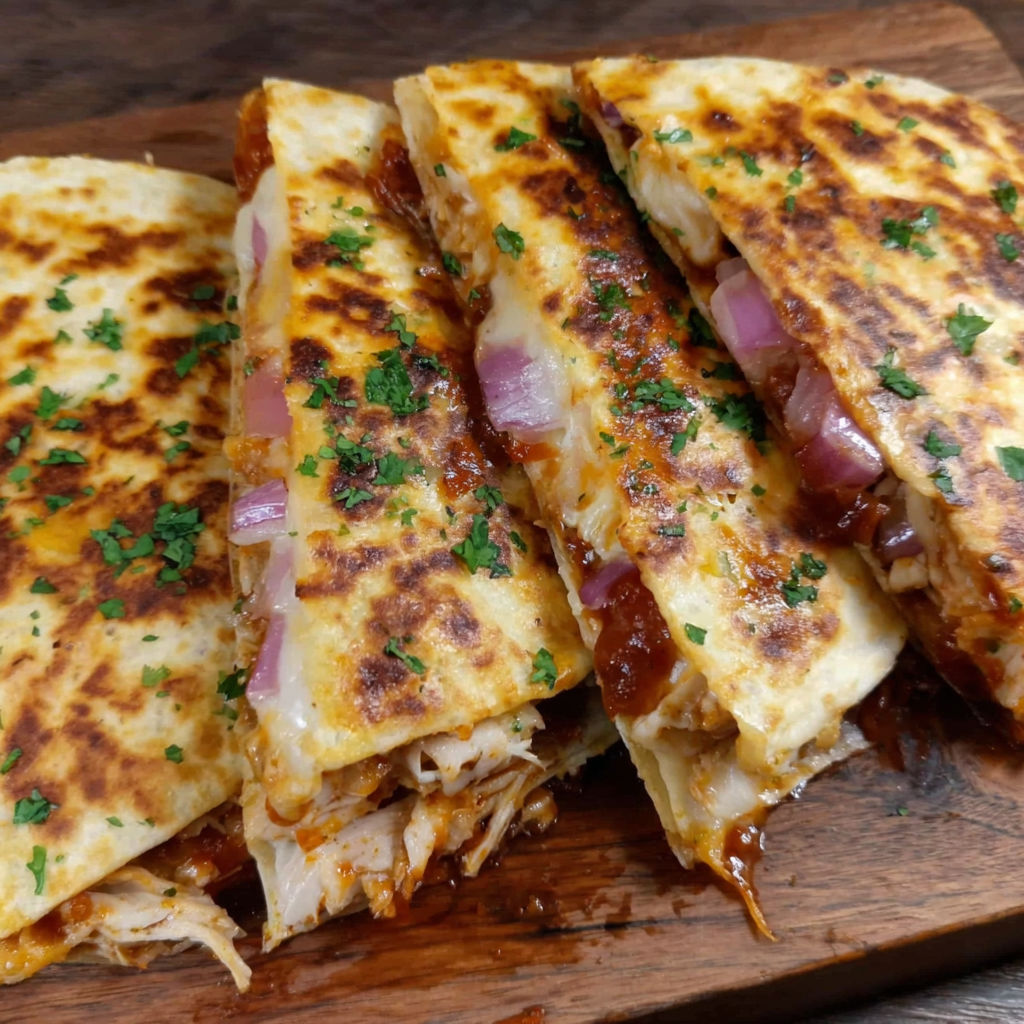 Three BBQ chicken quesadillas with red onion and cilantro.
