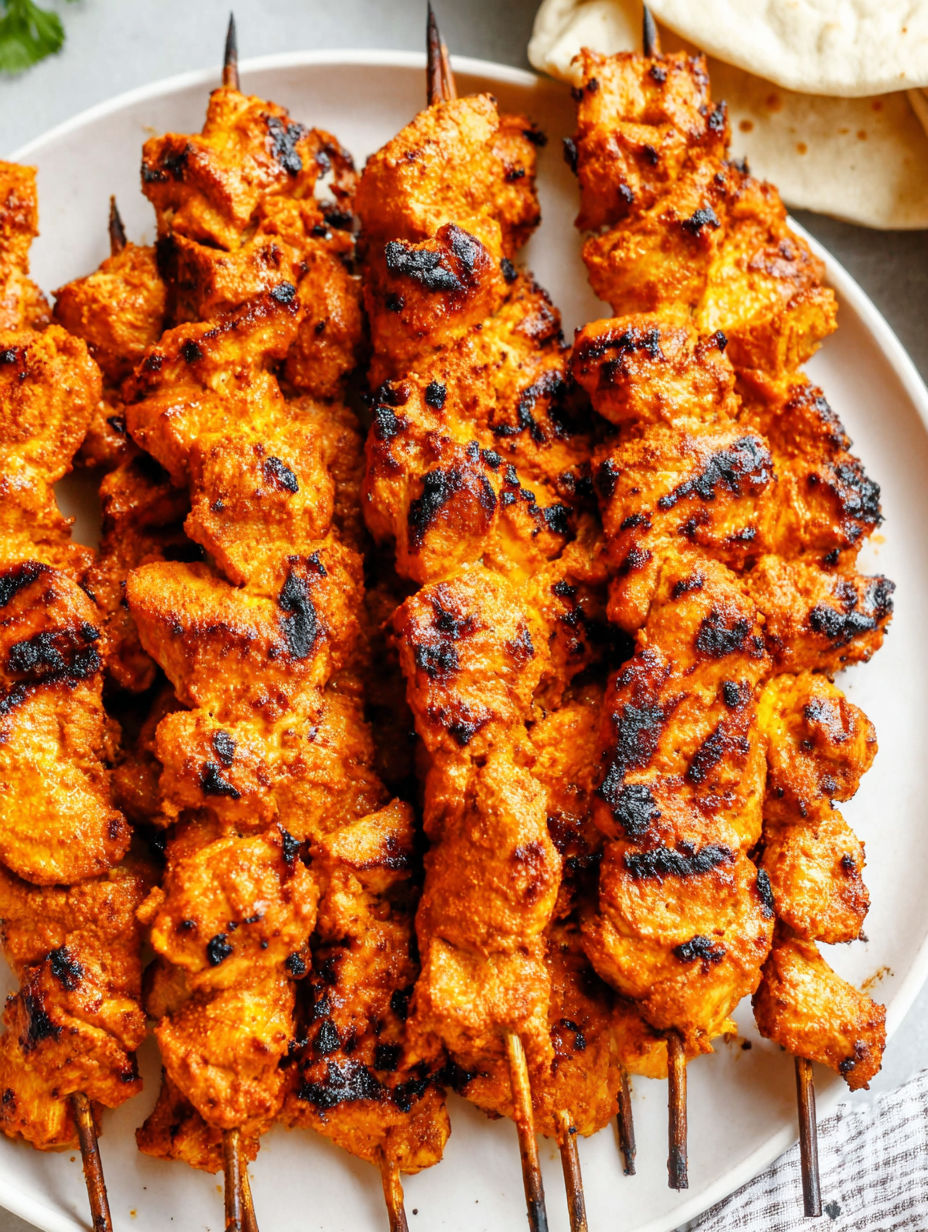 A plate of tandoori chicken skewers.