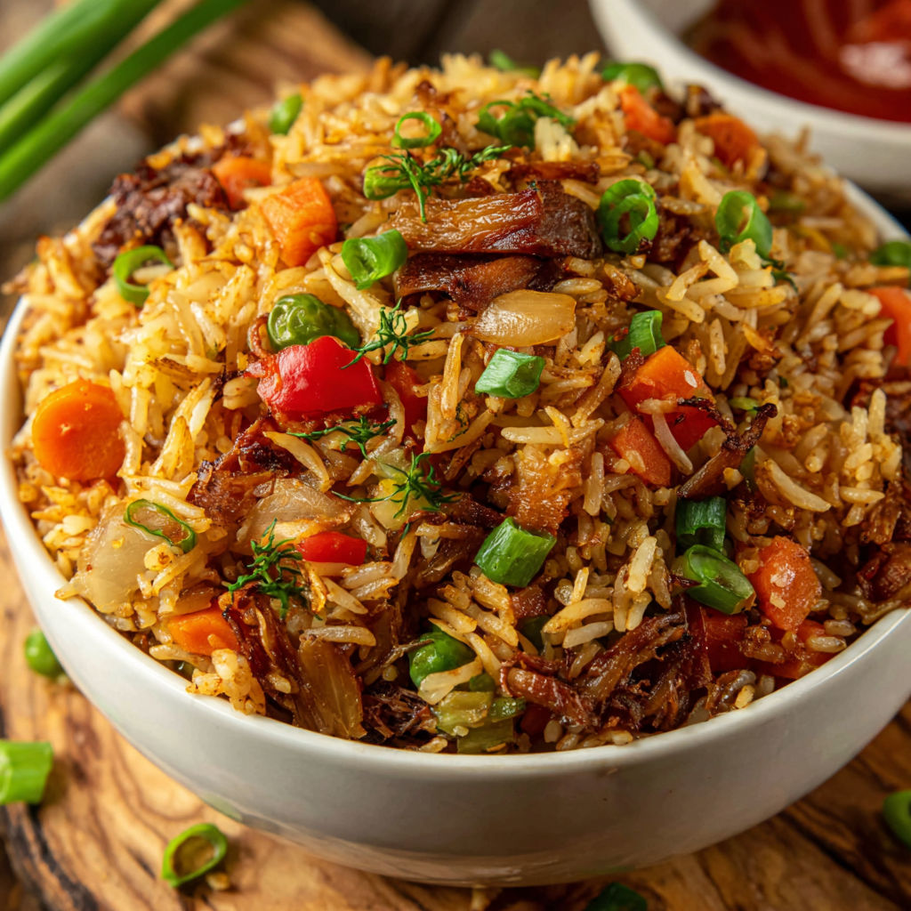 A bowl of rice with vegetables.