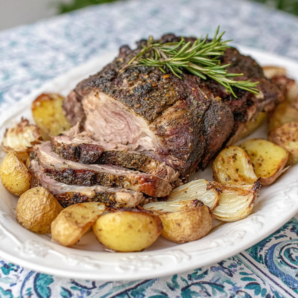 A Greek roast leg of lamb with potatoes and herbs.
