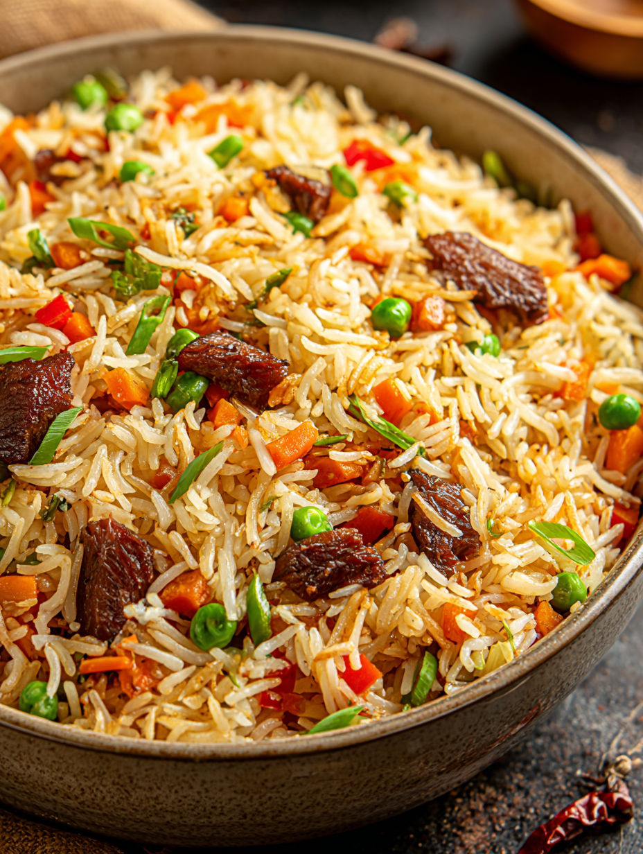 A bowl of rice with vegetables.