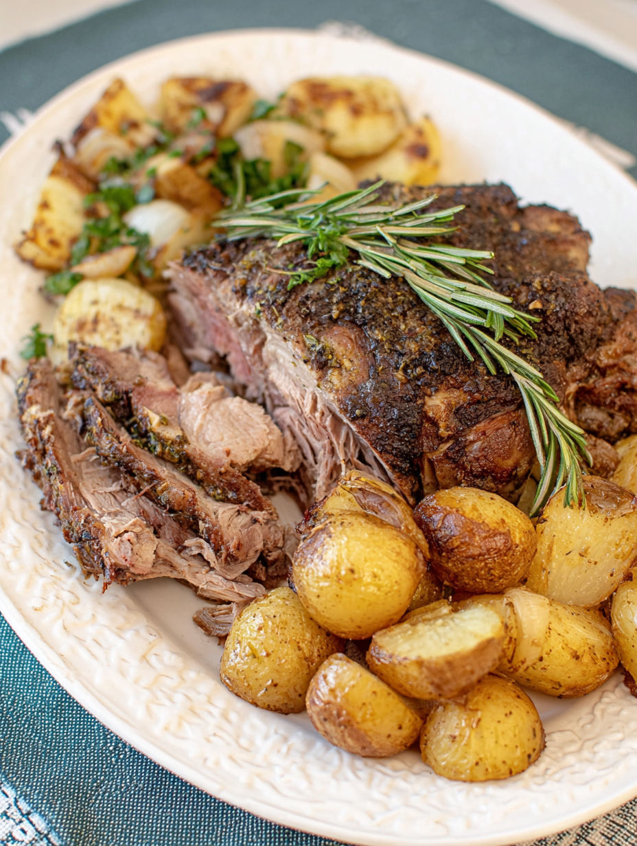 A plate of food with a Greek roast leg of lamb.