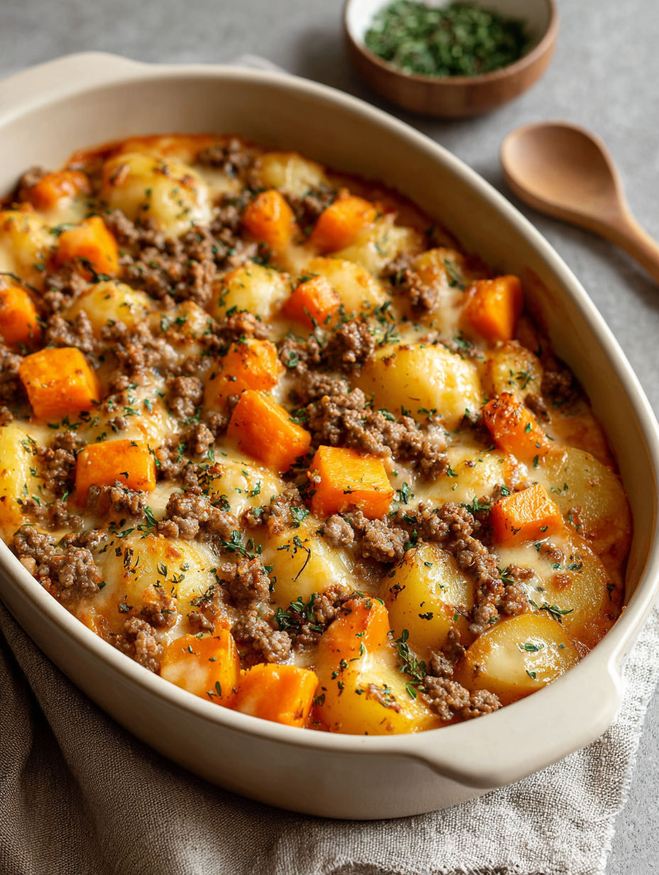 A bowl of food with meat and vegetables.