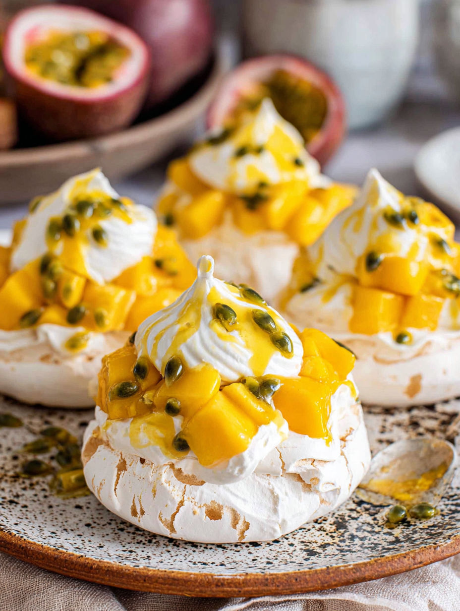 Three mini pavlovas with mango toppings.