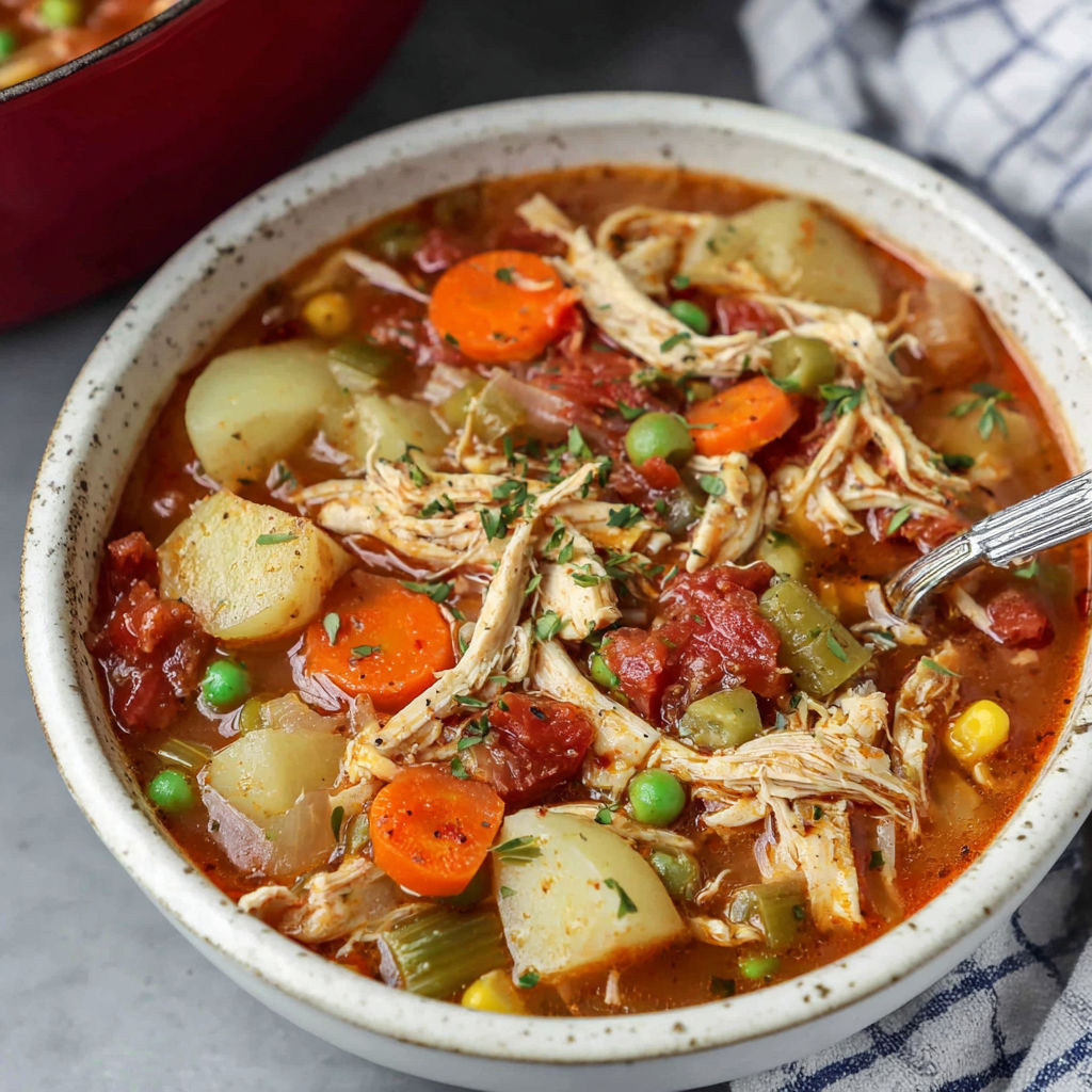 A bowl of chicken and vegetable soup.