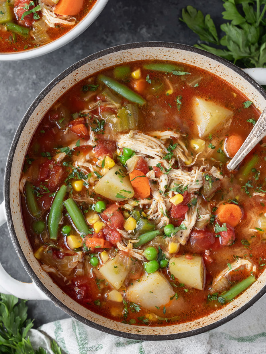 A bowl of soup with chicken, peas, corn, and carrots.