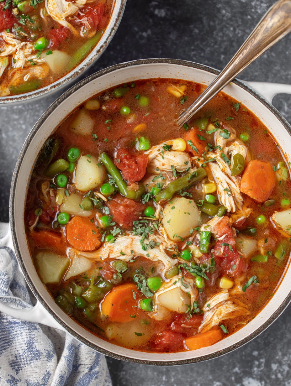 A bowl of soup with chicken, peas, and carrots.