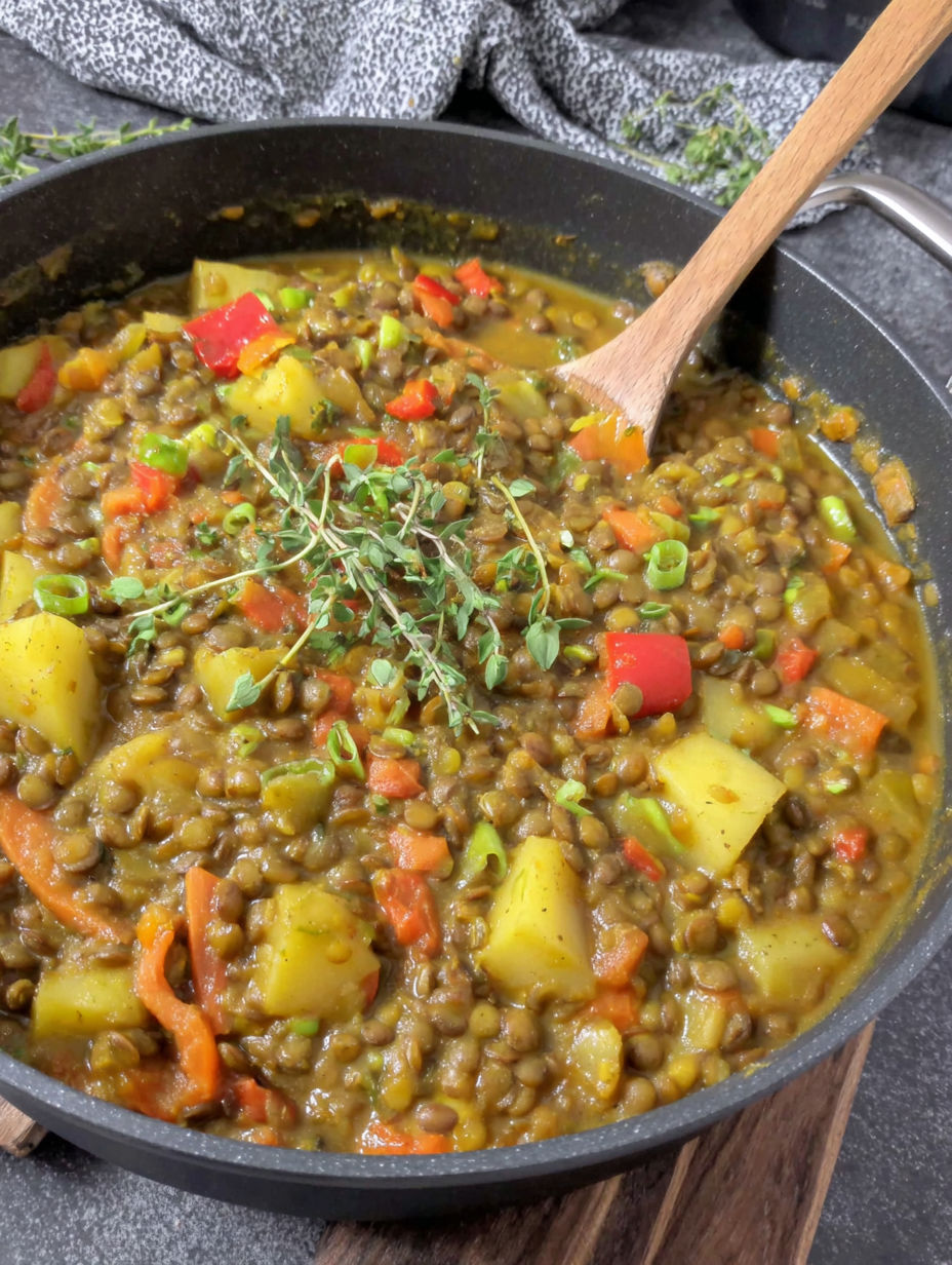 A bowl of soup with a wooden spoon in it.