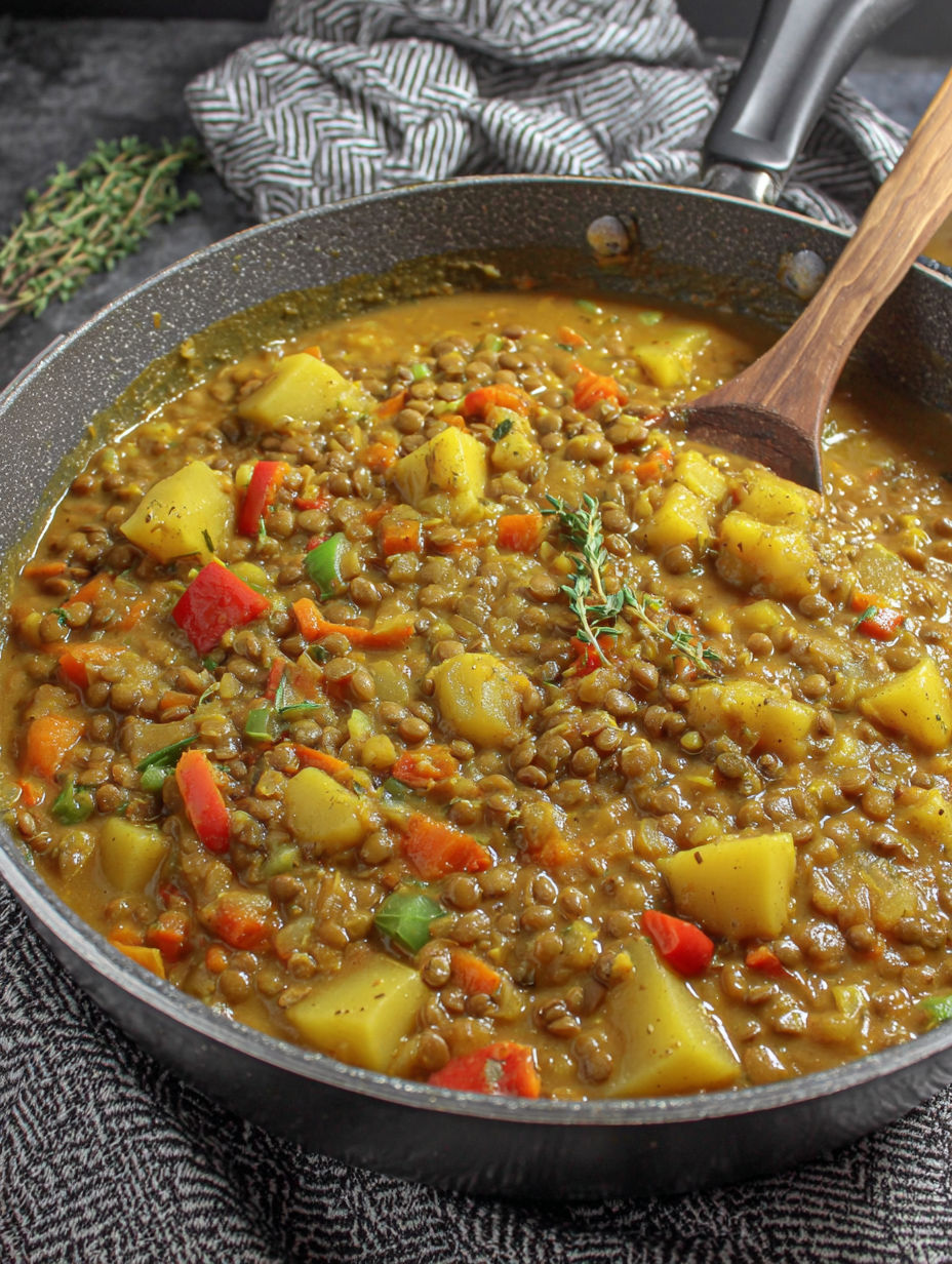 A bowl of soup with a wooden spoon in it.