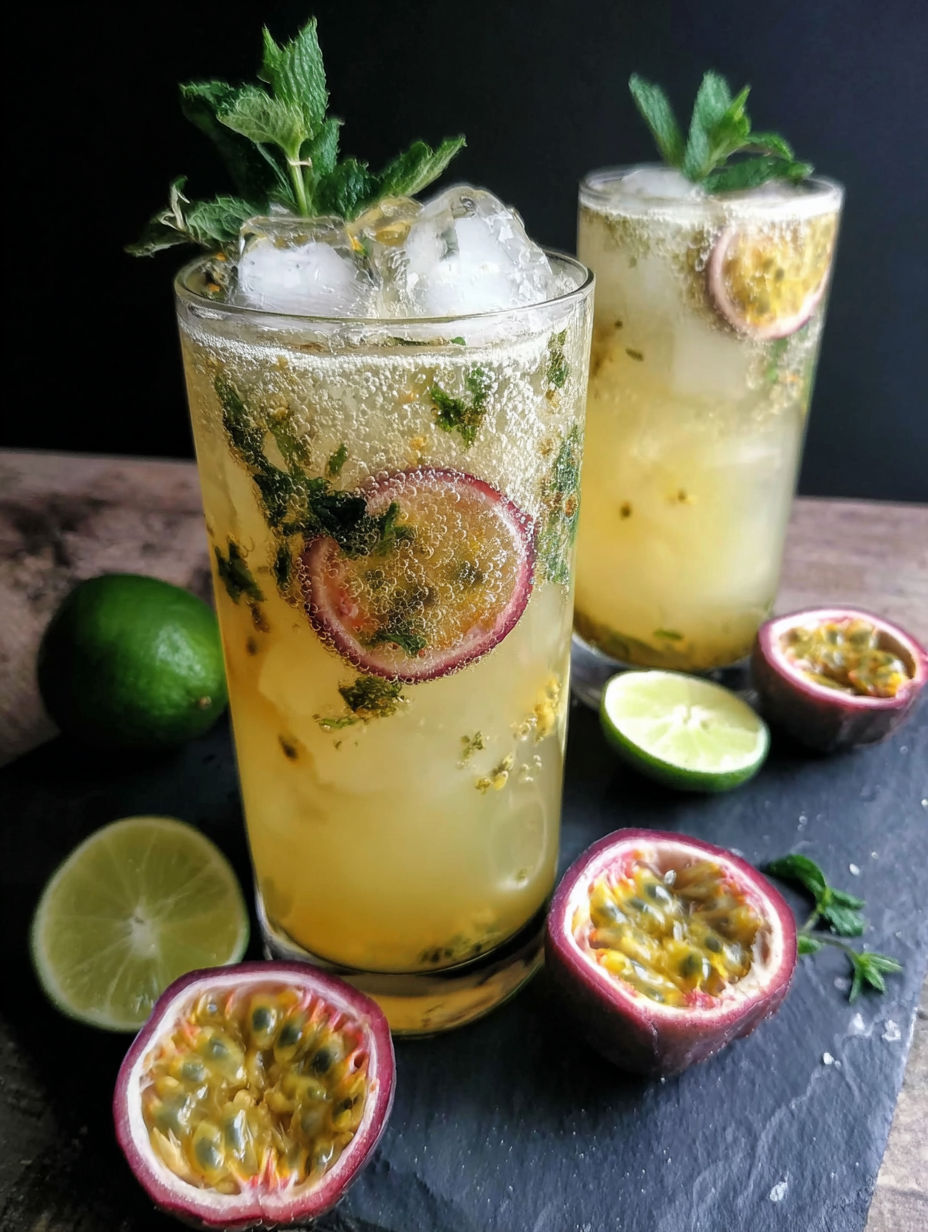 Two glasses of cocktail fruit de la passion, citron vert et gingembre.