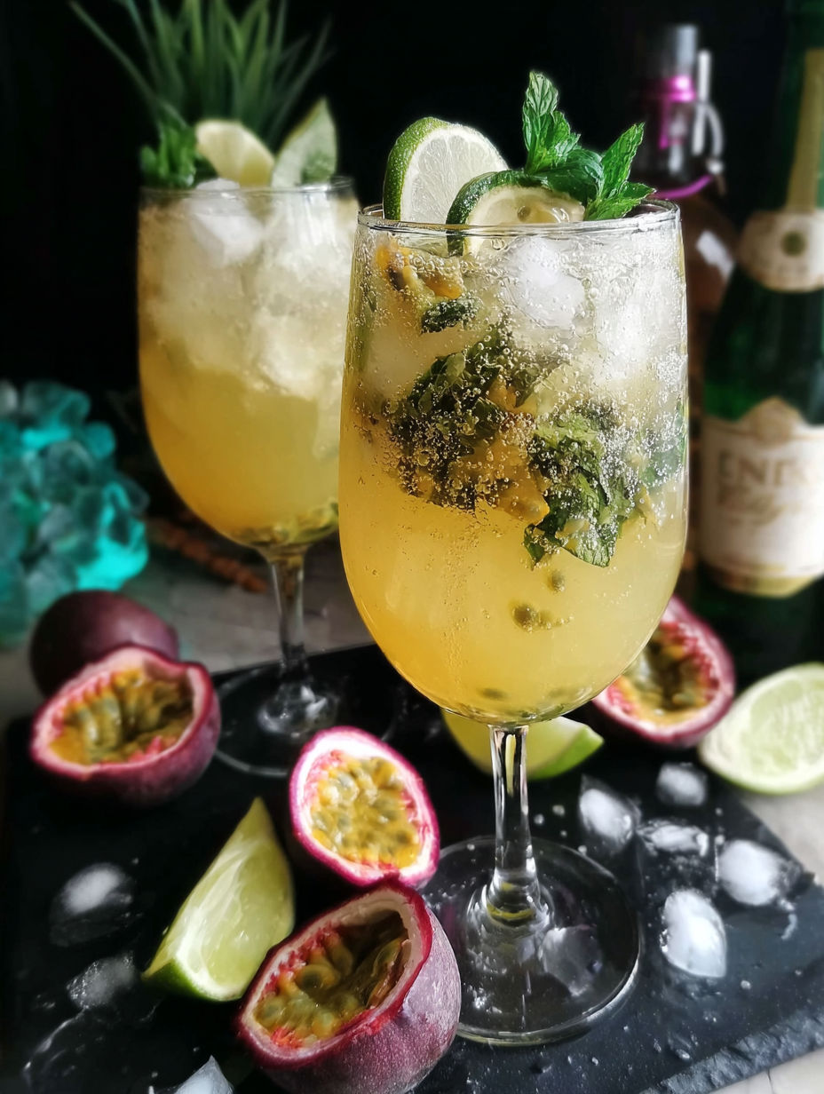 Two glasses of cocktail fruit de la passion, citron vert et gingembre.