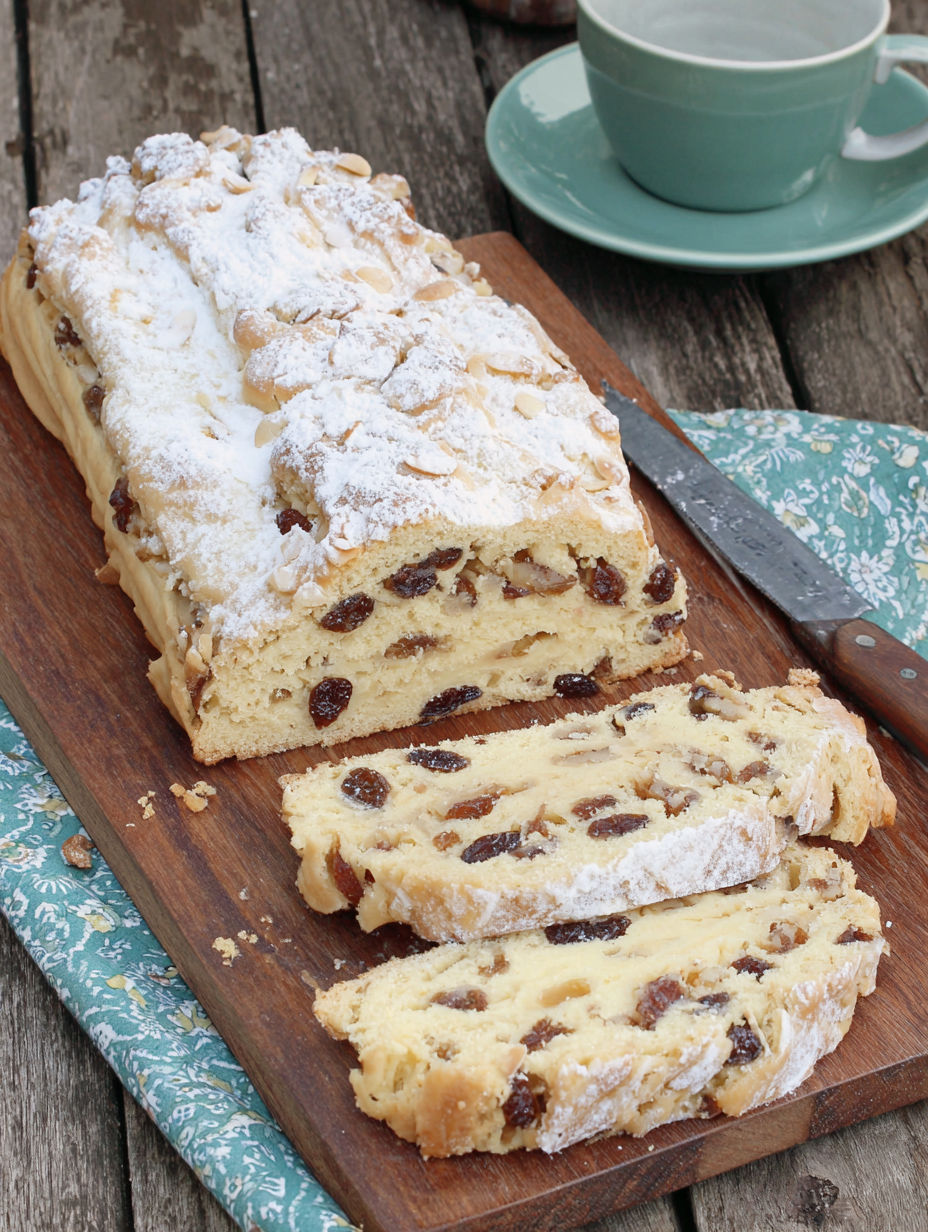 A slice of cake with white icing and raisins.