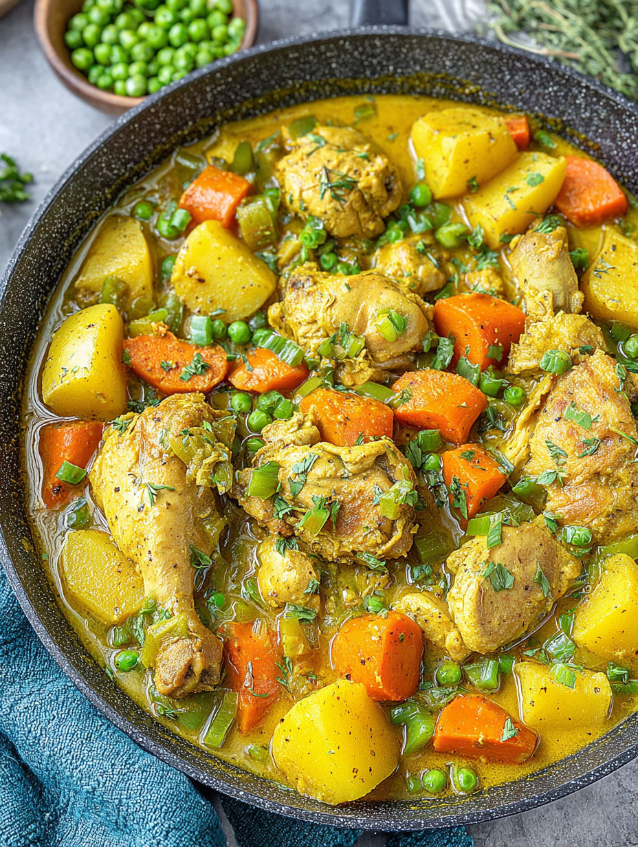 A bowl of chicken and vegetables.