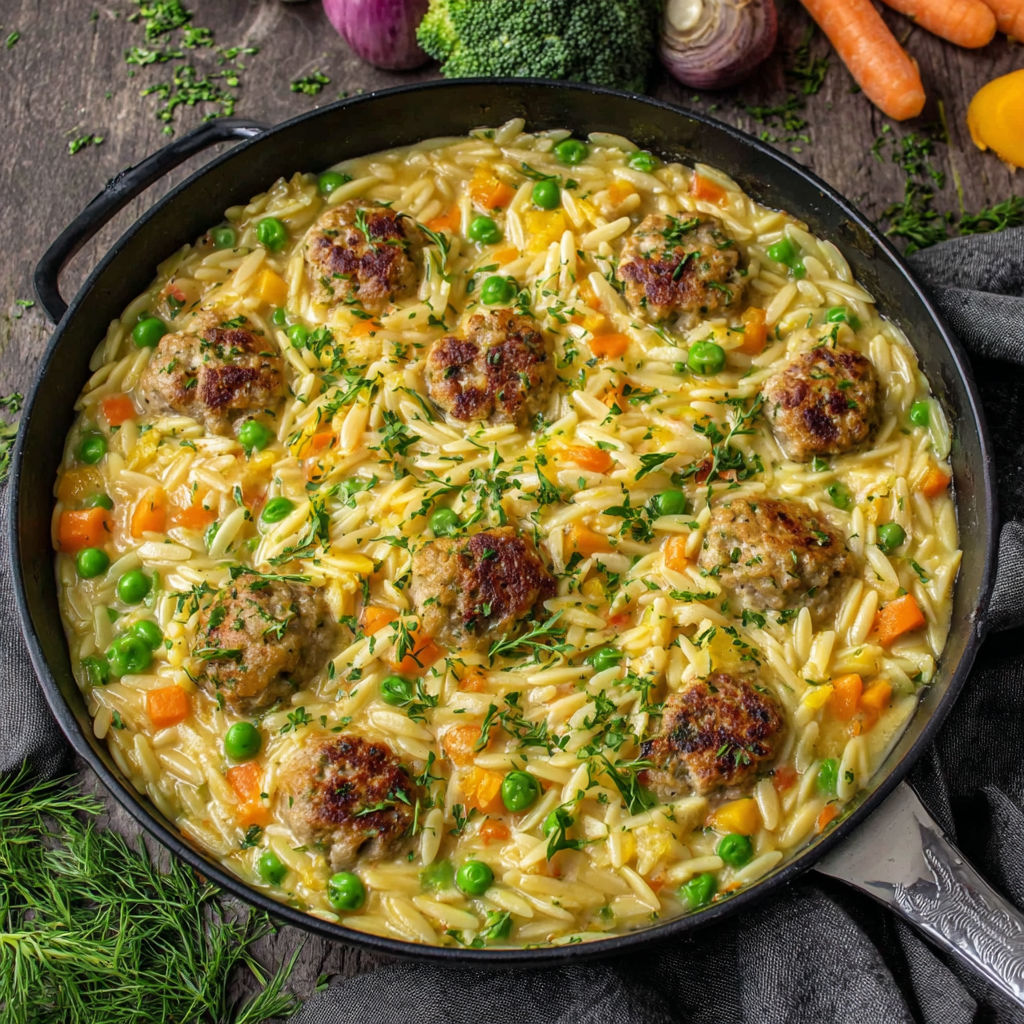 A dish of pasta with meatballs and peas.