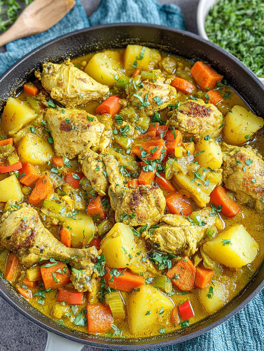 A pan of food with chicken, carrots, and potatoes.