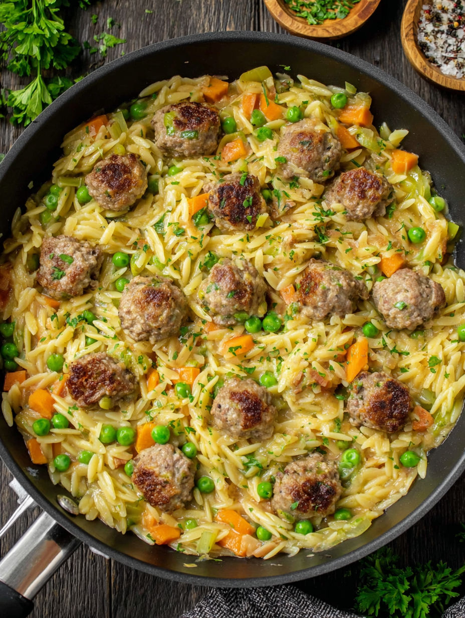 A pan of pasta with meatballs and peas.
