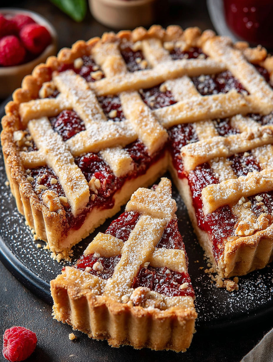 A slice of pie with a lattice crust.
