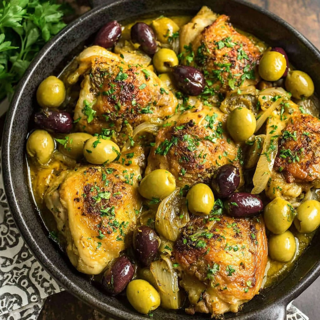 A dish of chicken with olives and onions.