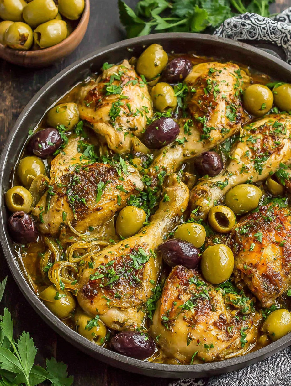 A plate of chicken with olives and herbs.