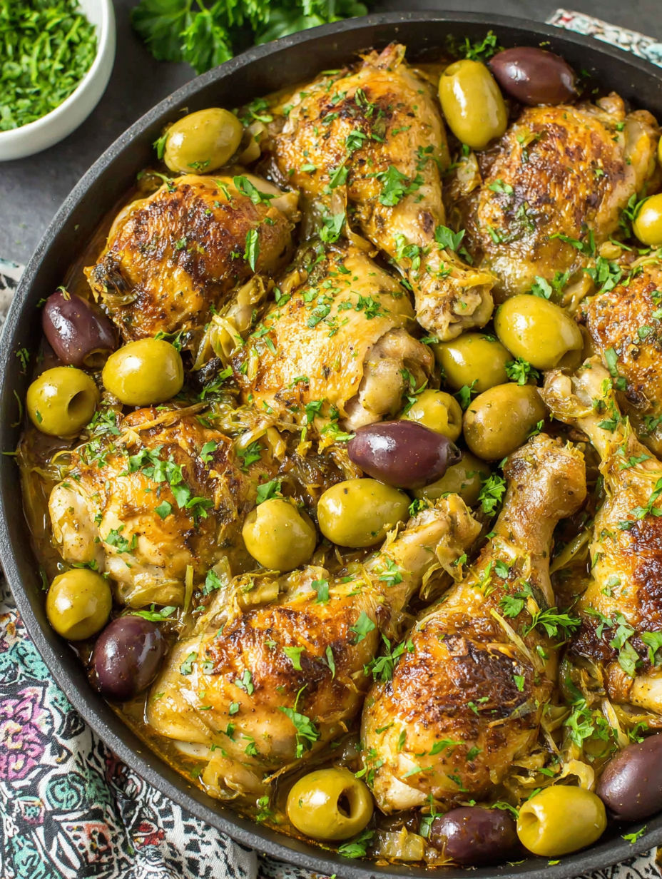 A pan of chicken with olives and herbs.