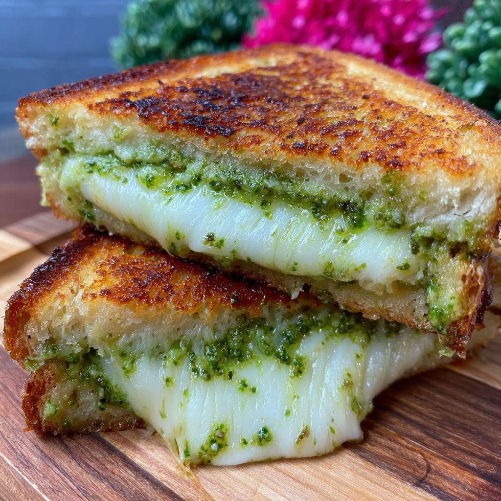 A grilled cheese sandwich with pesto on top.