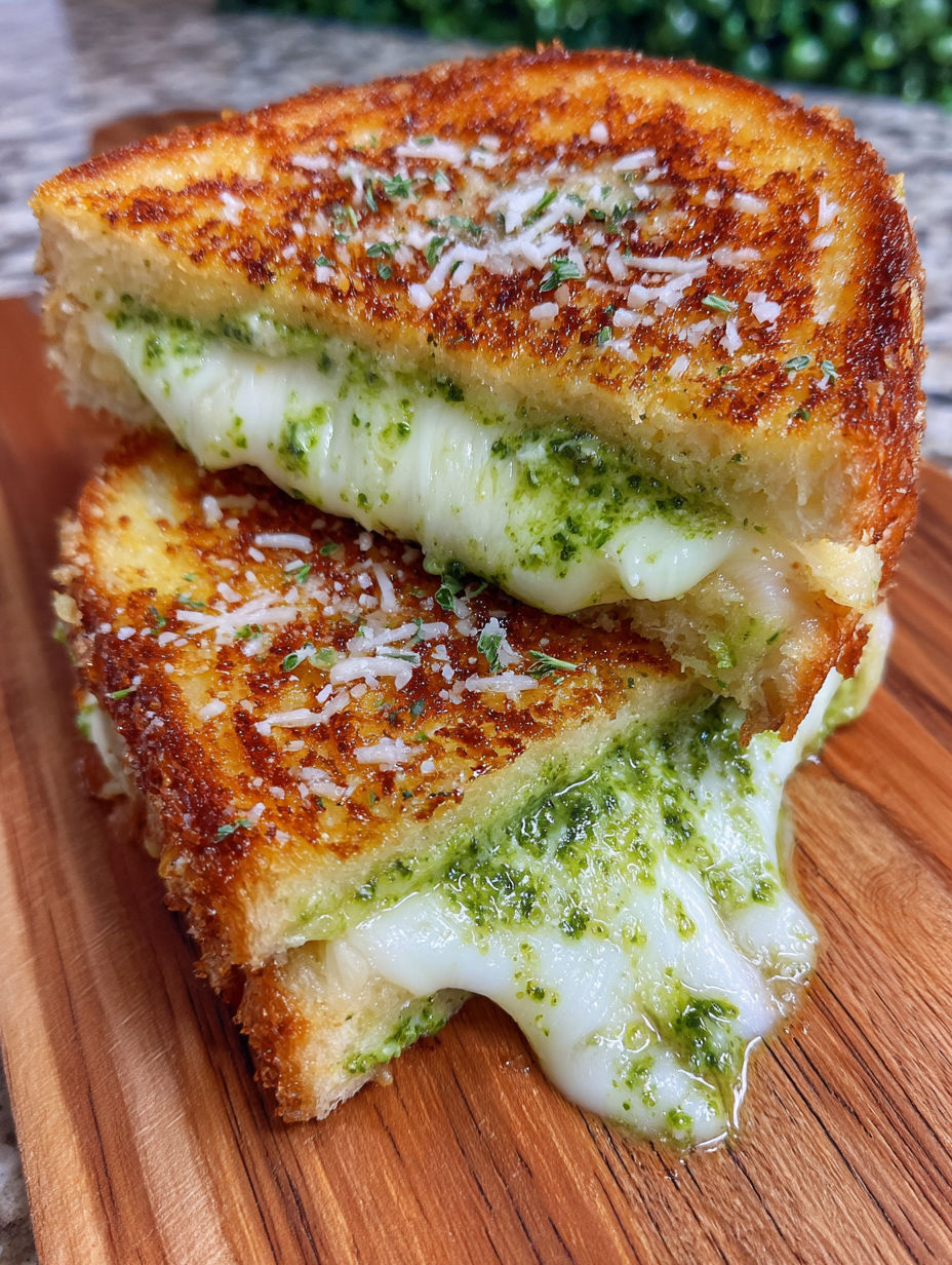 A sandwich with cheese and herbs on top.