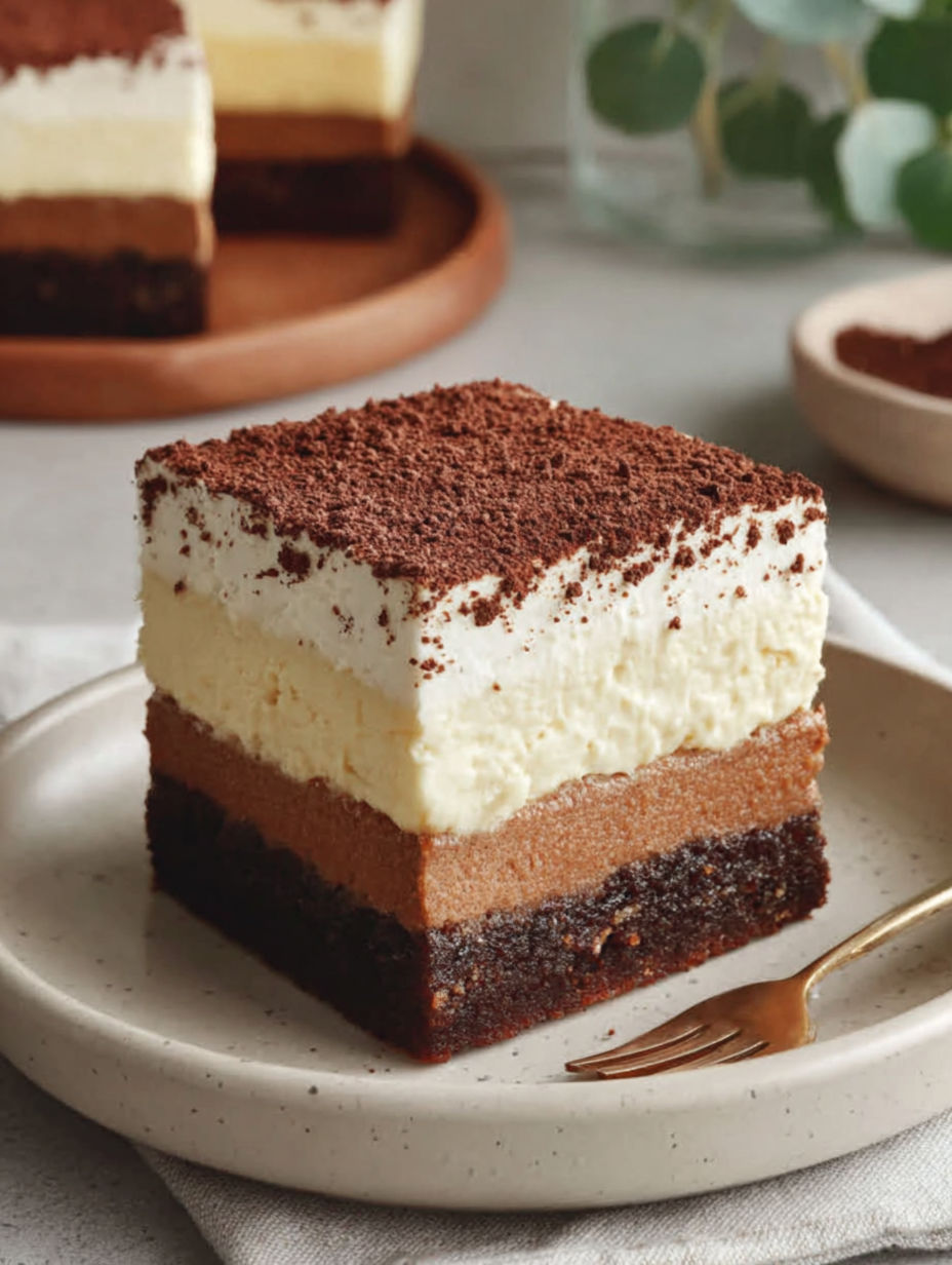 A slice of Tiramisu-Brownies on a plate.