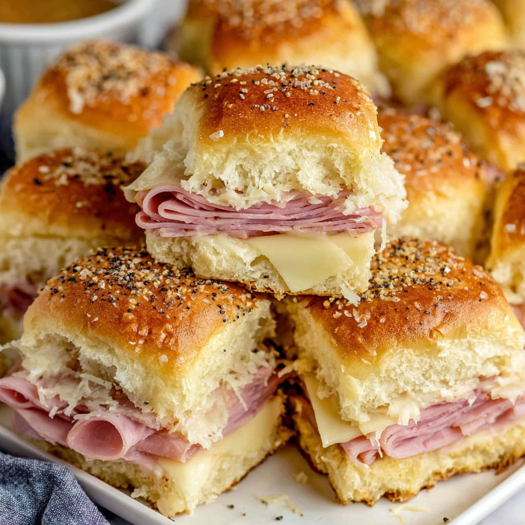 A plate of ham and cheese sliders.