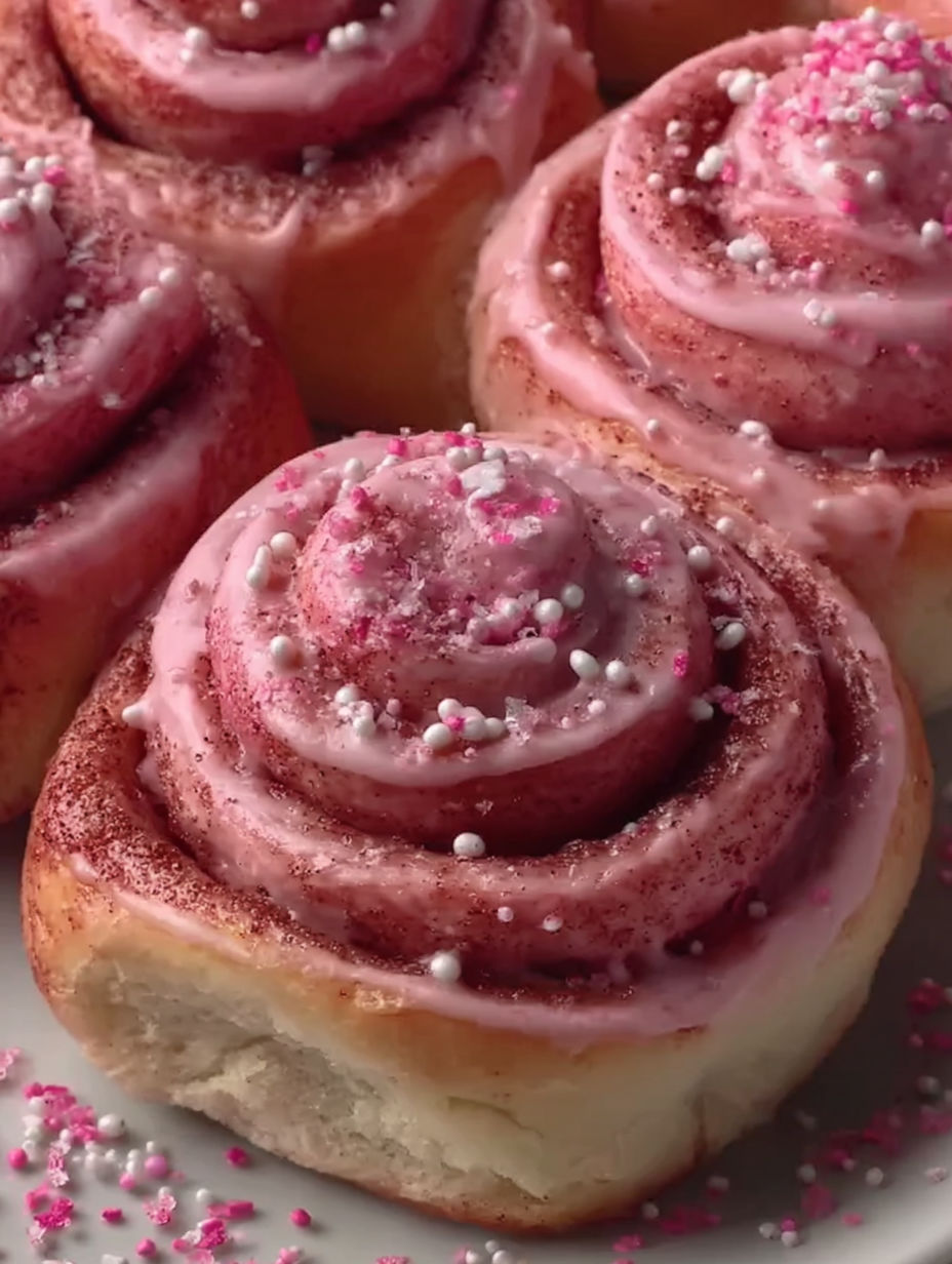 Pink velvet cinnamon rolls with sprinkles.