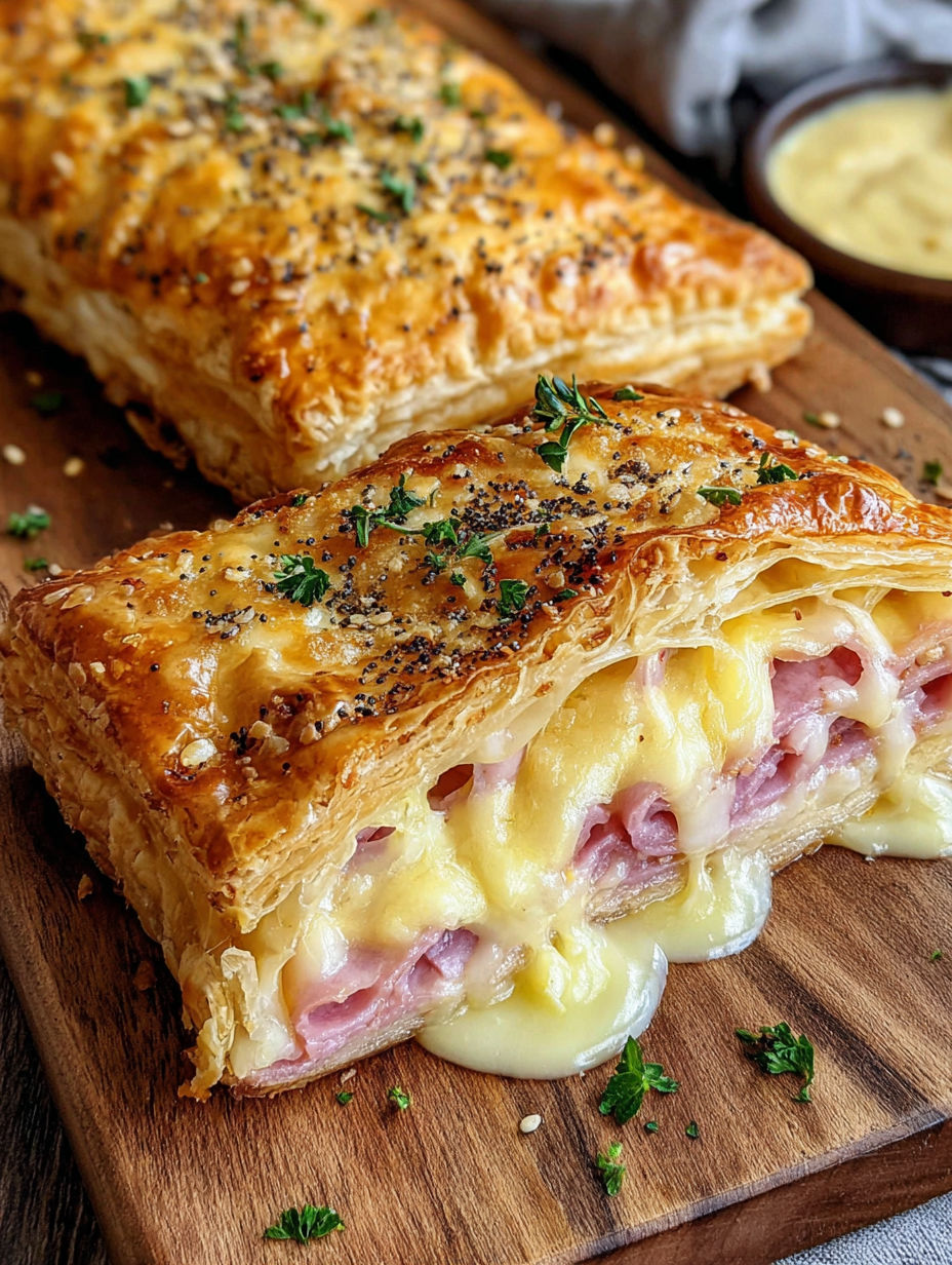 A pastry with ham and cheese on it.