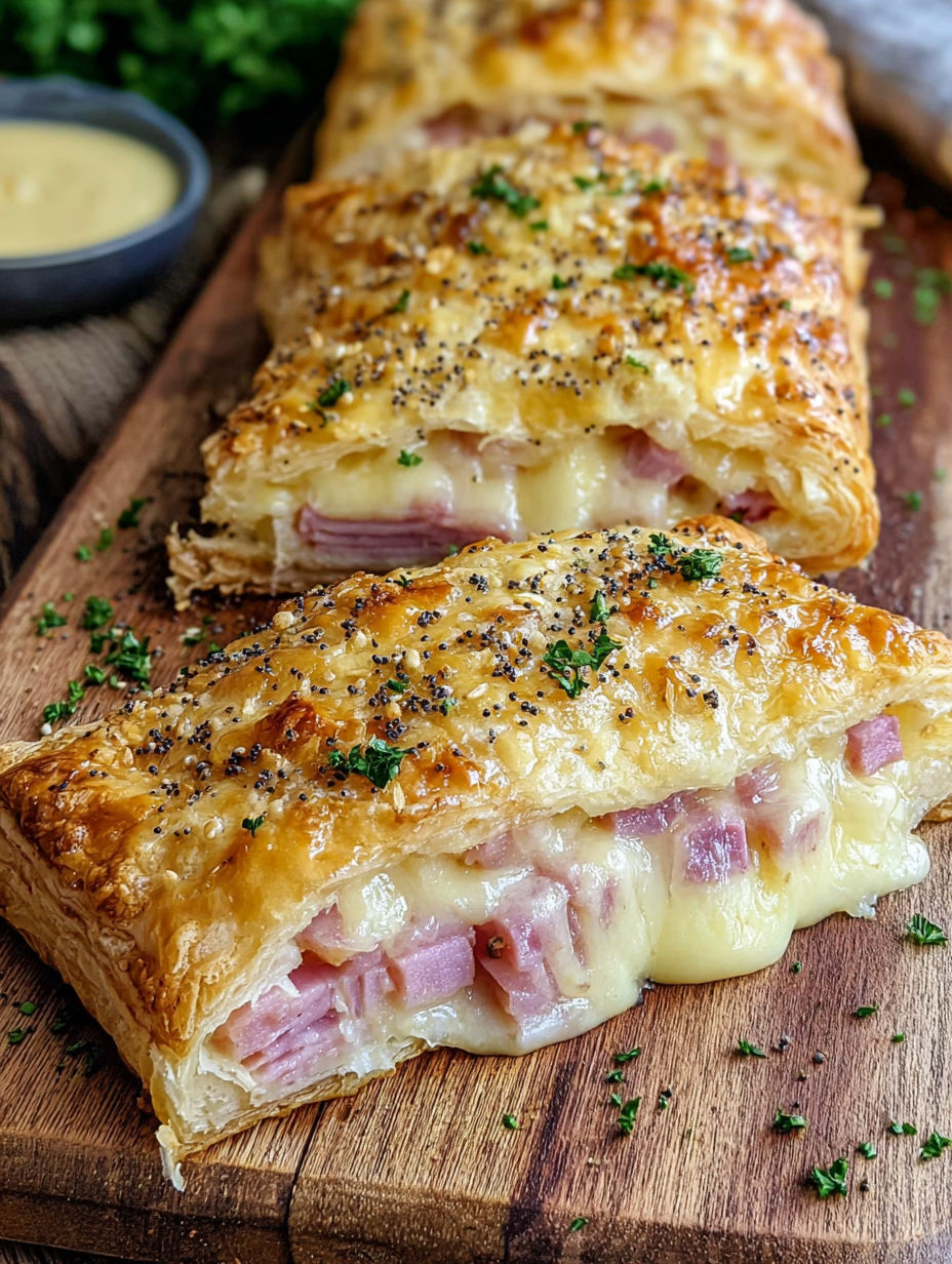 A pastry with ham and cheese on it.