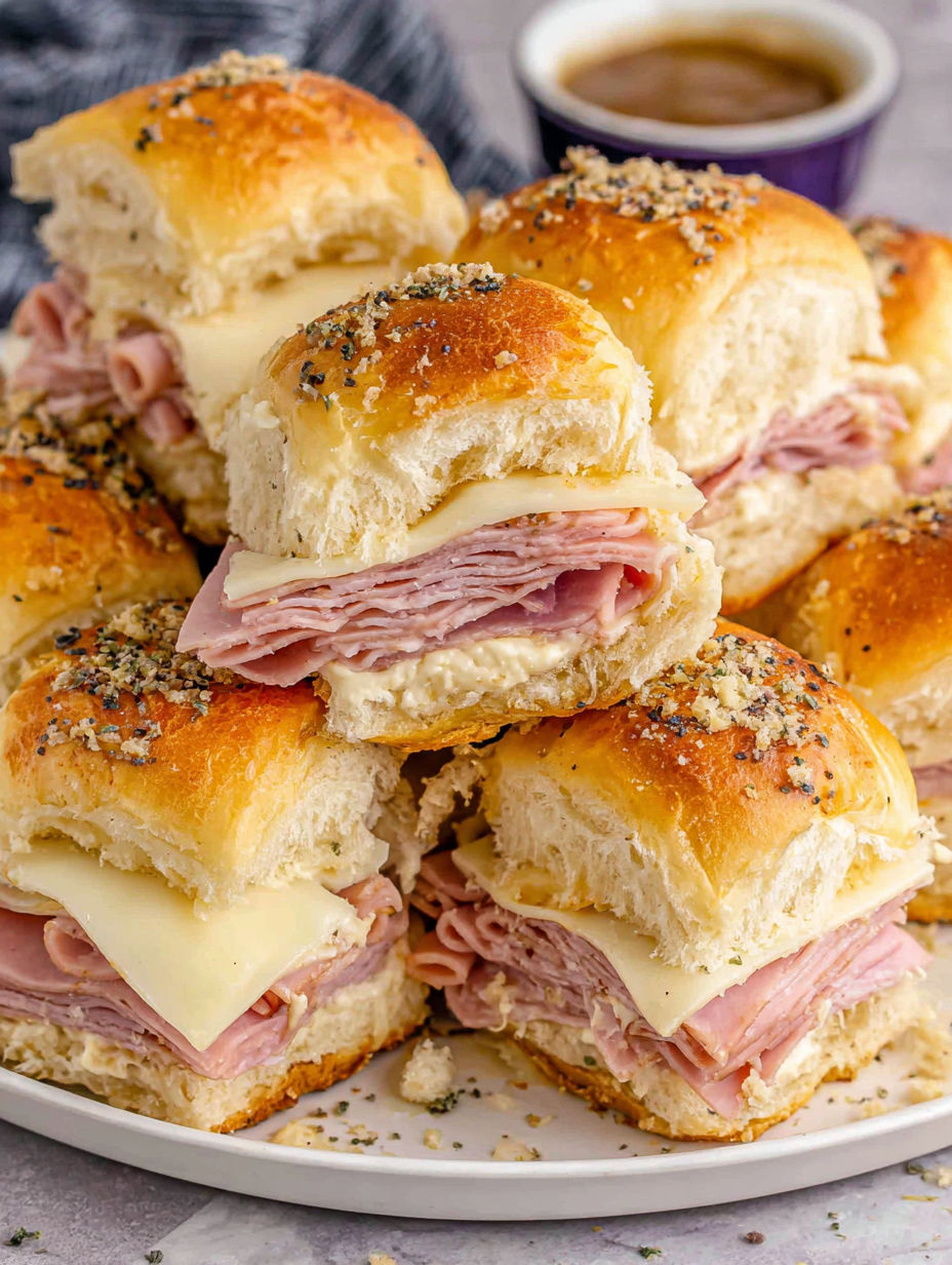 A stack of ham and cheese sandwiches.