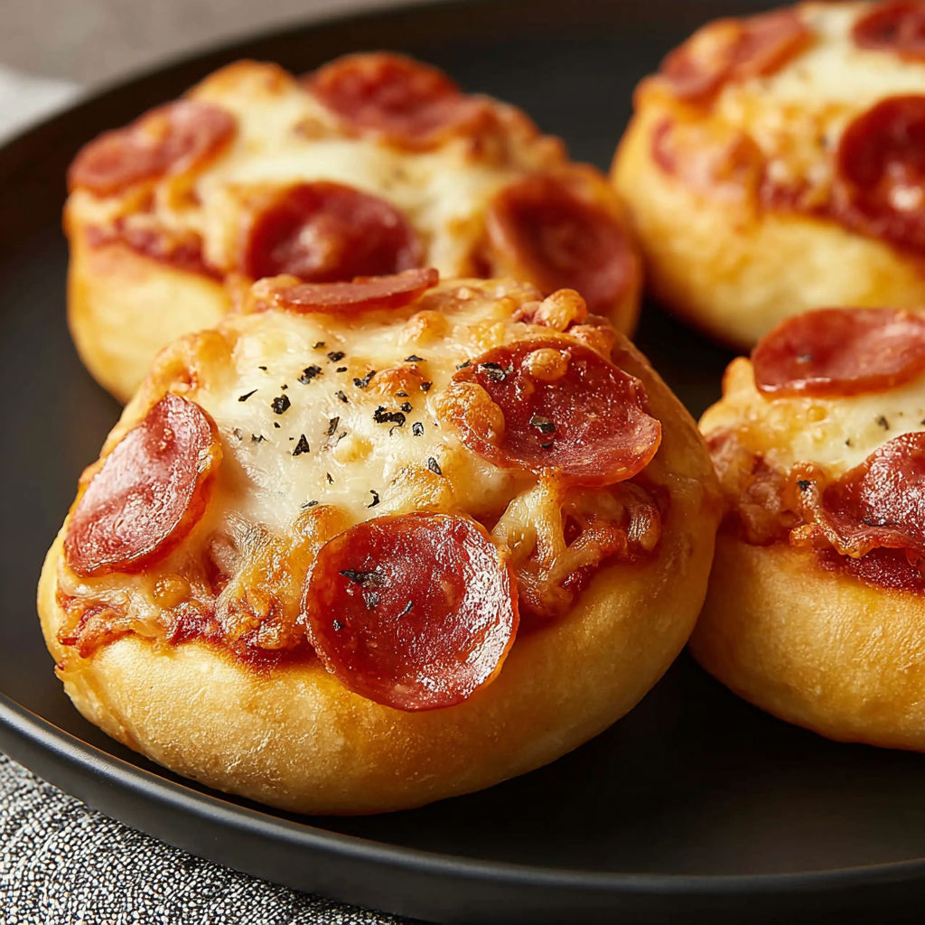 Two pizza bites on a black plate.