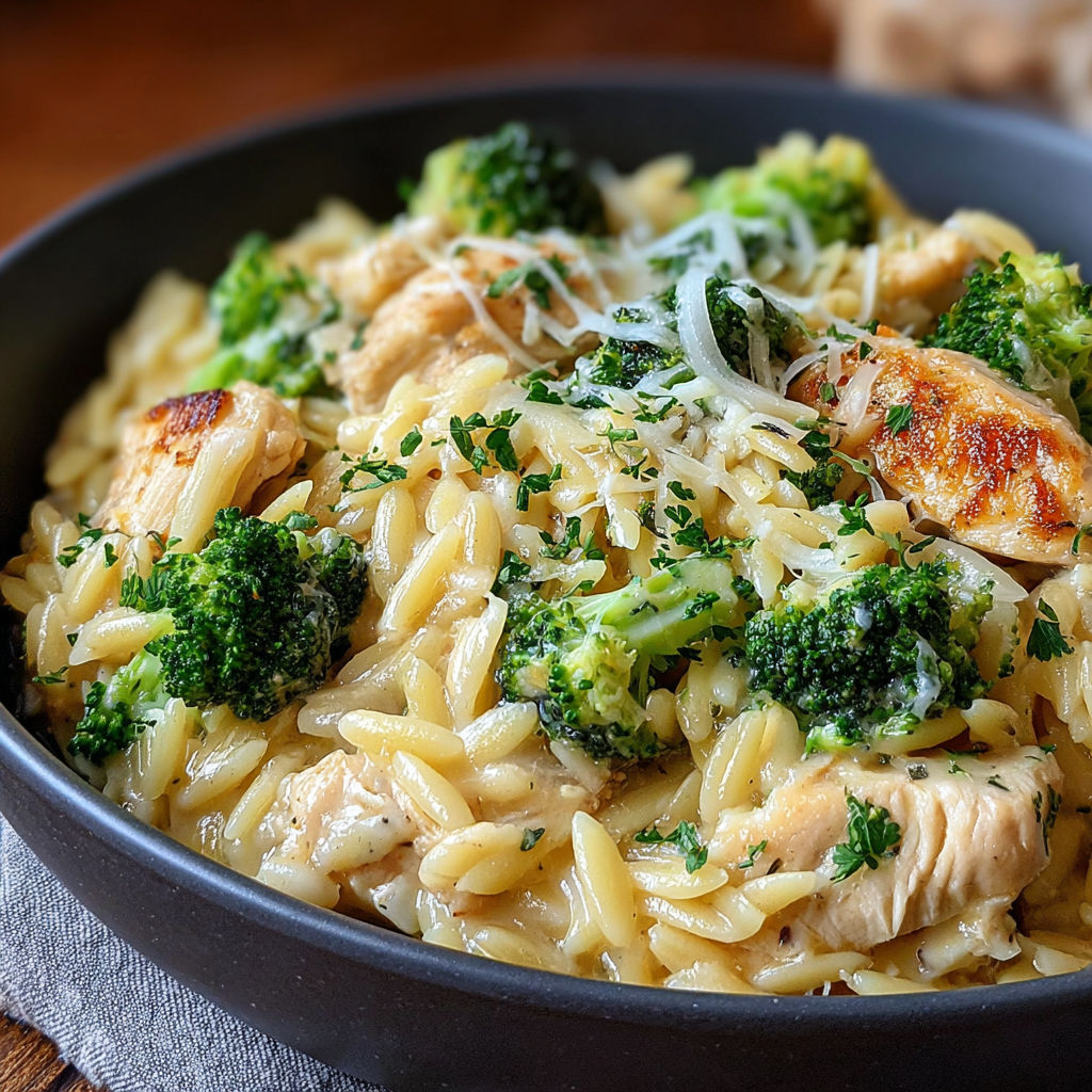 A bowl of pasta with broccoli and chicken.