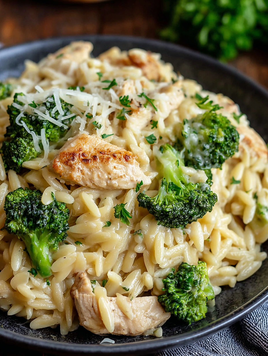 A bowl of pasta with chicken and broccoli.