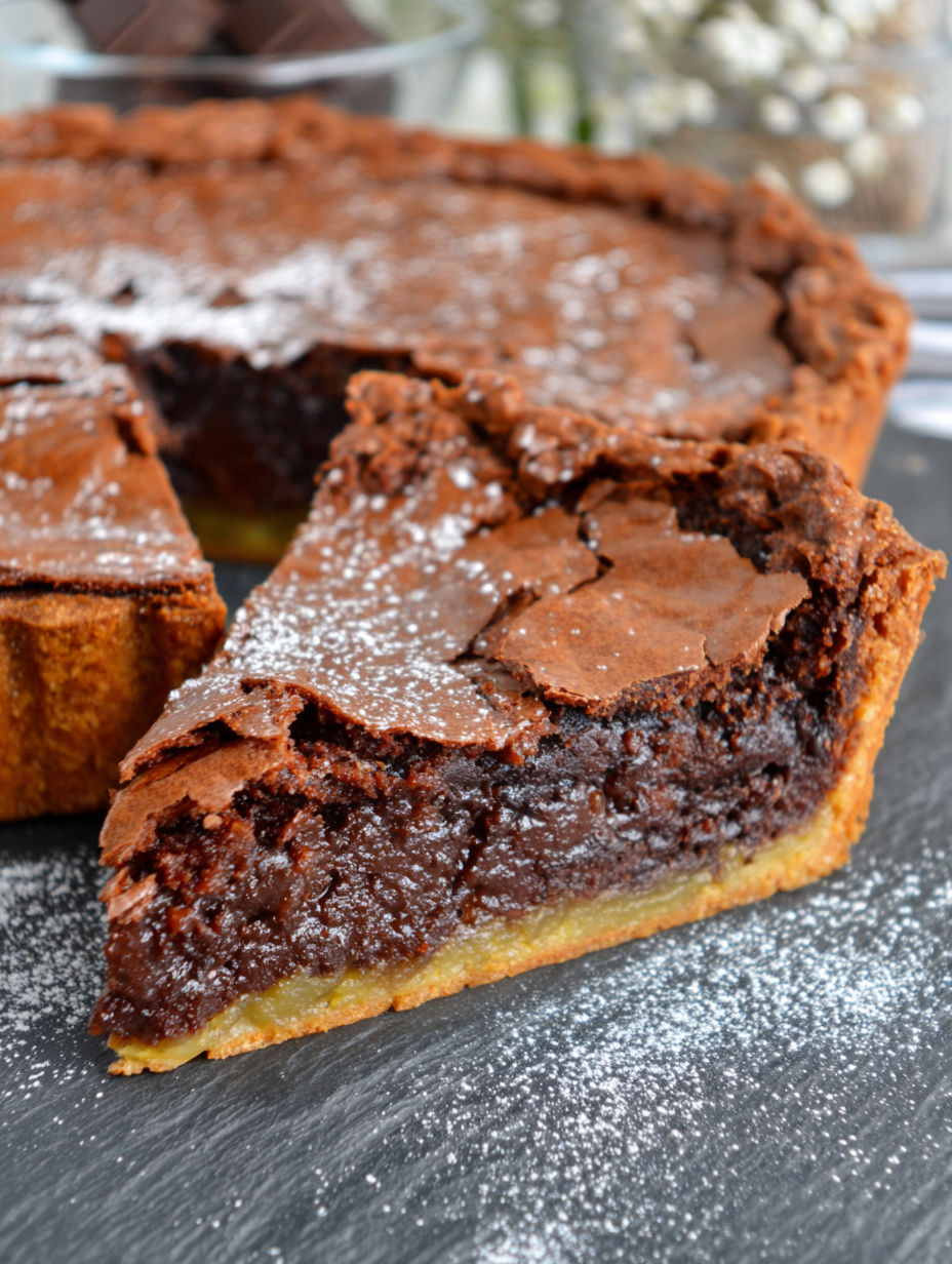 A slice of chocolate brownie pie.